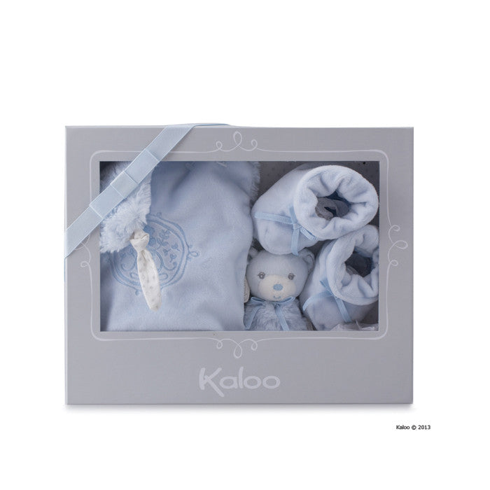 Kaloo Perle Blue Doudou Knot, Bear Rattle Toy and Booties Set