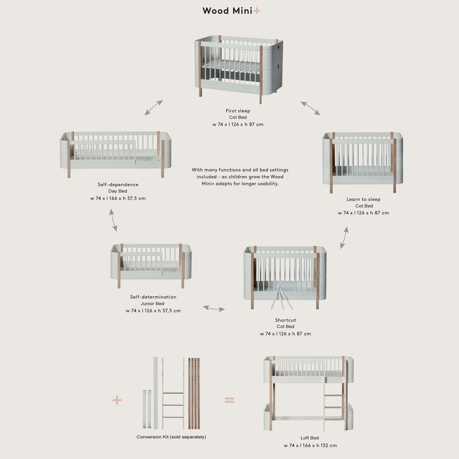 Oliver Furniture Wood Mini+ Cot Bed (With Junior Conversion Kit) - Oak (Pre-Order; Est. Delivery in 6-10 Weeks)