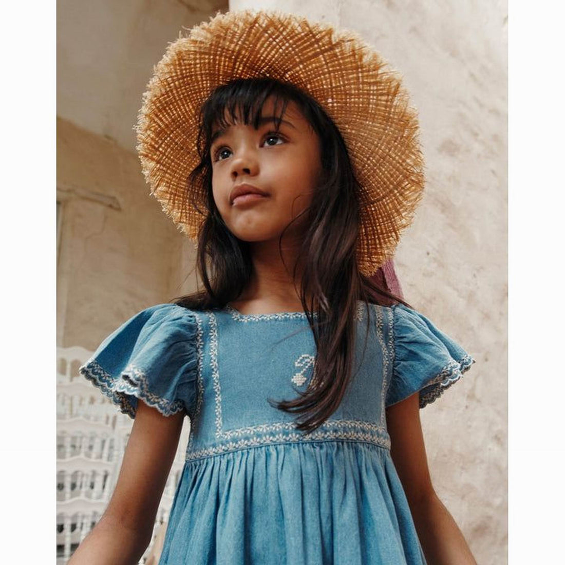 emile et ida denim dress EMILE ET IDA SS26 Chambray Smocked Embroidered Dress 12m / Chambray