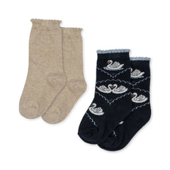 konges-sløjd-2-pack-jacquard-swan-socks-navy-off-white-kong-w23ks6305-now-17-18