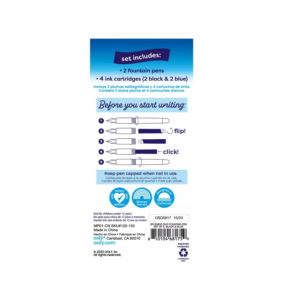 ooly-splendid-duo-fountain-pens-black-&-blue-ink-set-of-2-pens-&-4-ink-cartridges-ooly-132-153