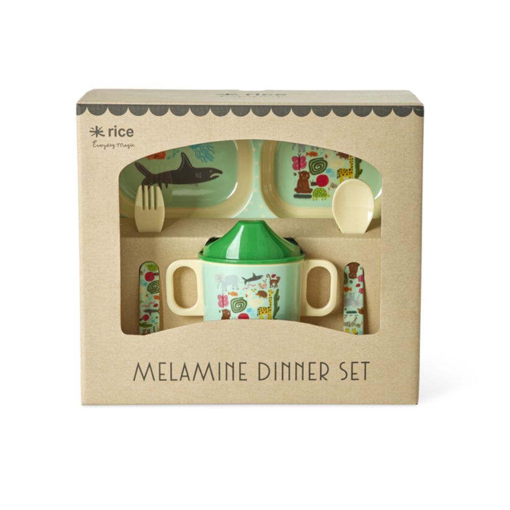 rice-dk-melamine-baby-dinner -in-gift-box-wildlife-print-mint-4-pcs-rice-babox-4zwilimi