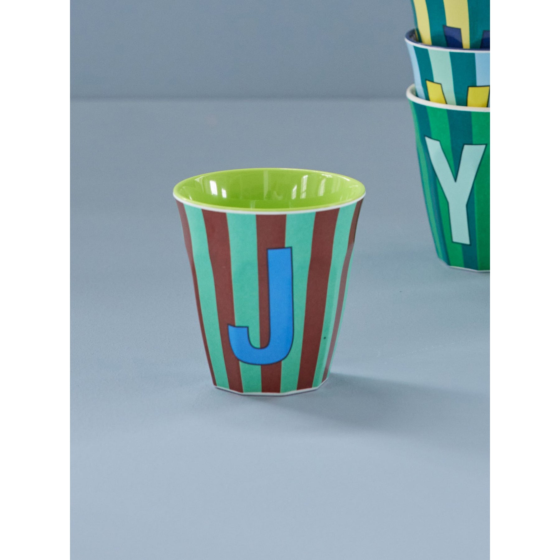 rice-dk-melamine-cup-with-the-letter-j-stripes-blueish-medium-250ml-rice-melcu-alpstrjb