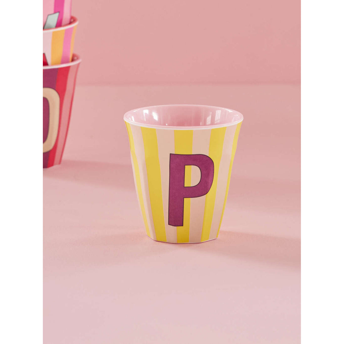 rice-dk-melamine-cup-with-the-letter-p-stripes-pinkish-medium-250-ml-rice-melcu-alpstrpi