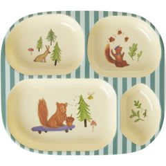 Rice DK Melamine Kids 4 Room Plate with Blue Happy Forest Print