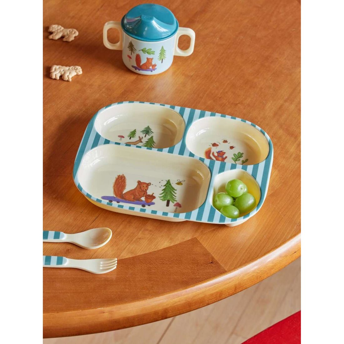 Rice DK Melamine Kids 4 Room Plate with Blue Happy Forest Print