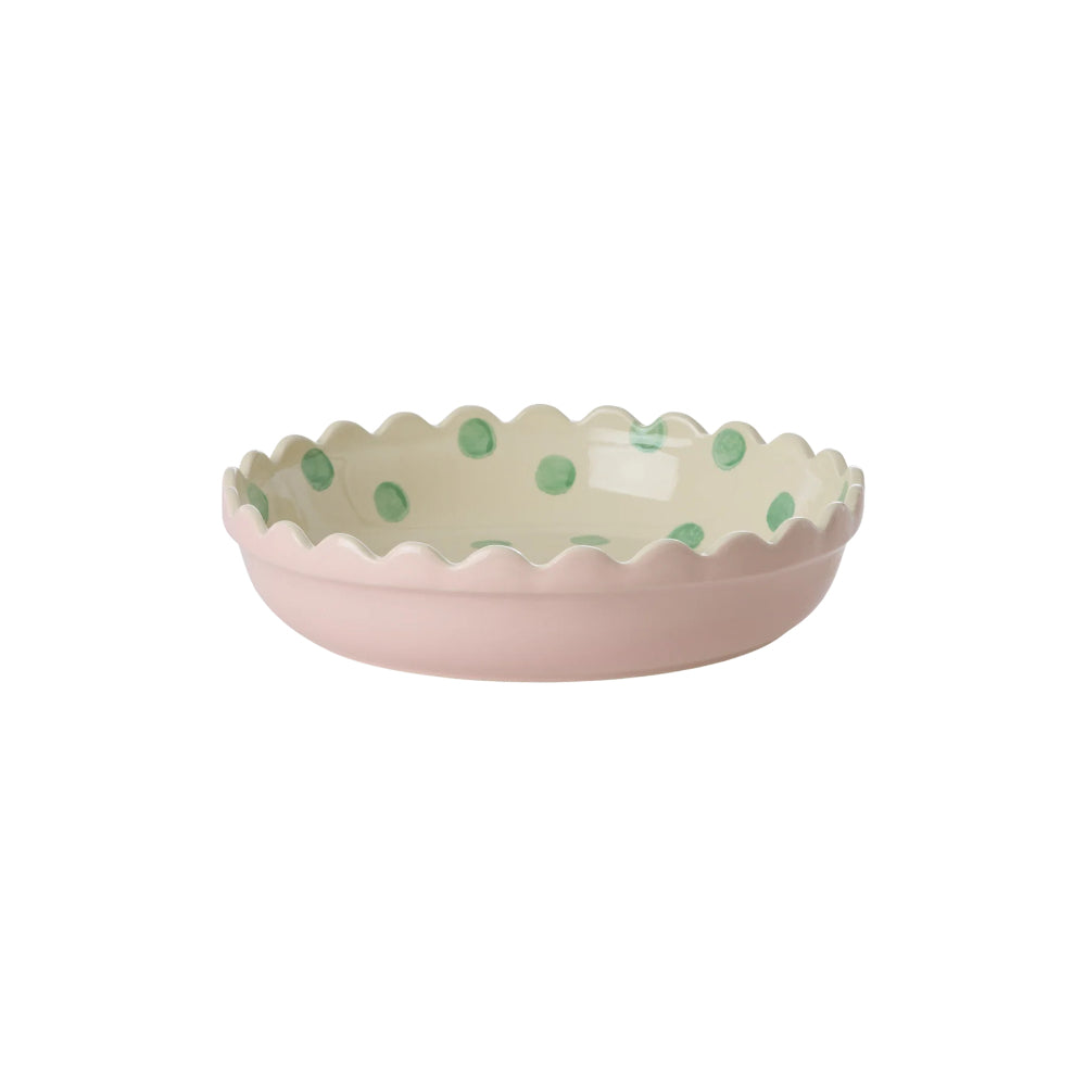 rice-dk-stoneware-pie-dish-in-two-tone-pink-and-creme-with-green-dots-small-rice-cepie-sdoi