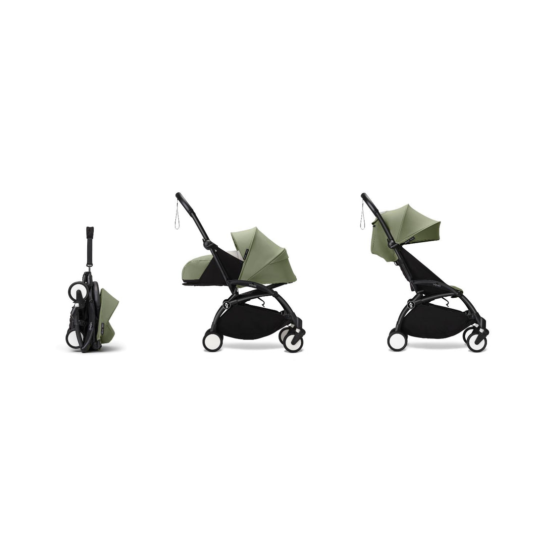 Stokke YOYO³ 0+ 6+ Complete Baby Stroller Set - Black Frame with Olive 0+ Newborn Pack & 6+ Color Pack