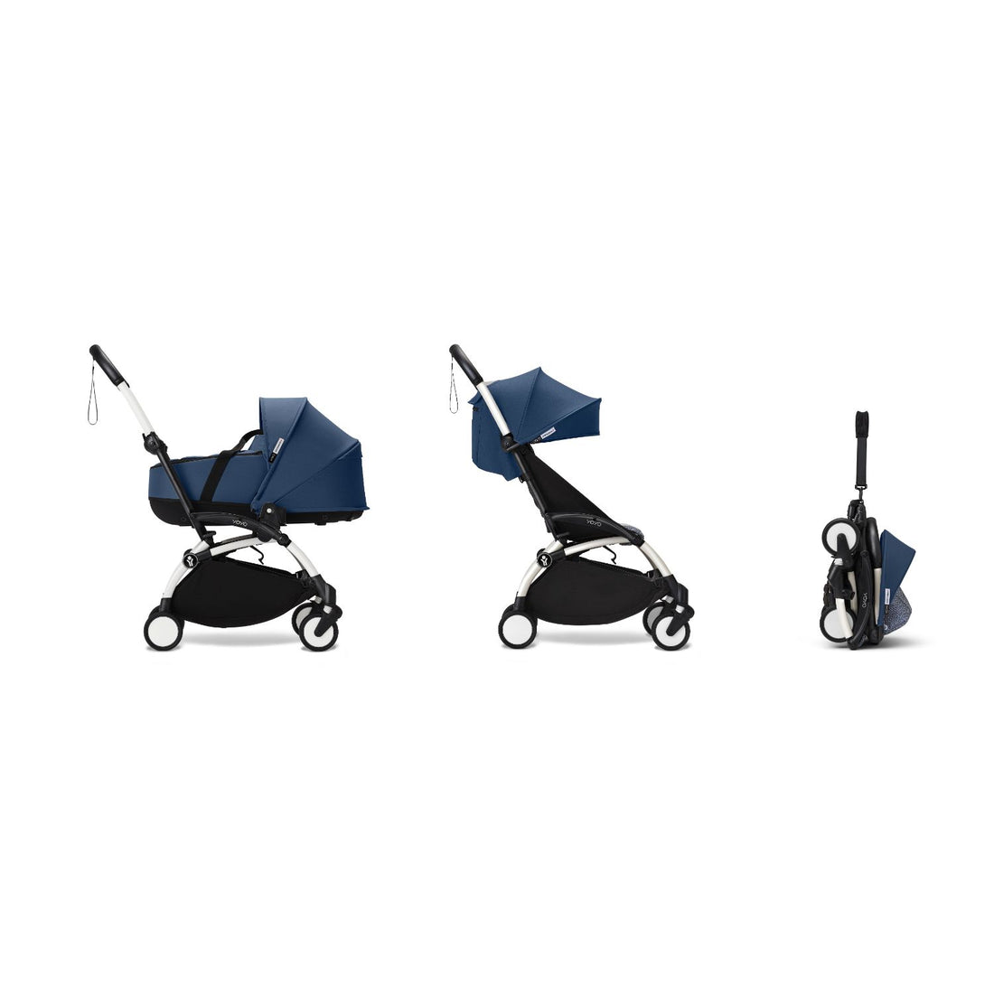 Stokke YOYO³ Newborn Shell 6+ Complete Baby Stroller Set - White Frame with Navy Blue Newborn Shell & Air France Blue 6+ Color Pack