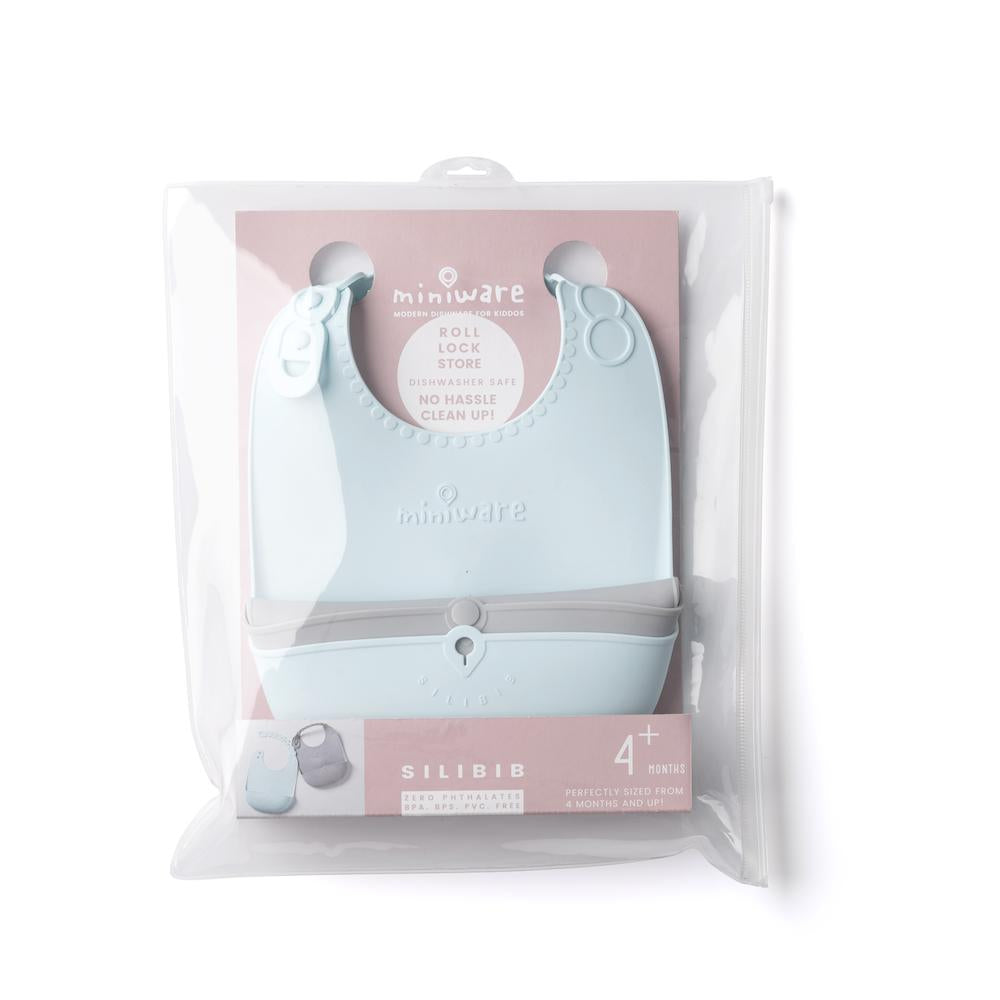 Miniware Roll & Lock Bib (Set of 2) - Silicone Bib in Aqua + Grey