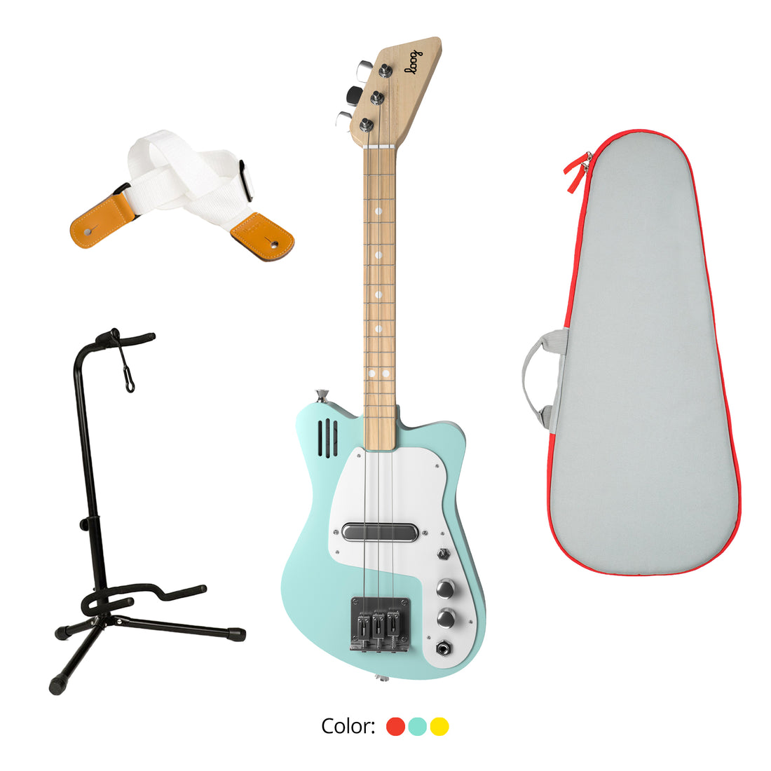 Loog Mini Electric with Built-In Amp Guitar Bundle with Bag, Strap and Stand (Includes FREE App, Flashcards & Chord Diagram)