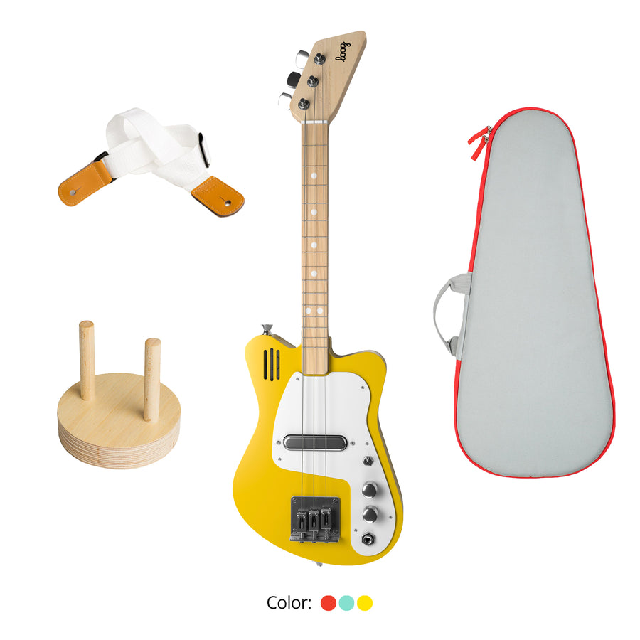 Loog Mini Electric with Built-In Amp Guitar Bundle with Bag, Strap and Wall Hanger (Includes FREE App, Flashcards & Chord Diagram)