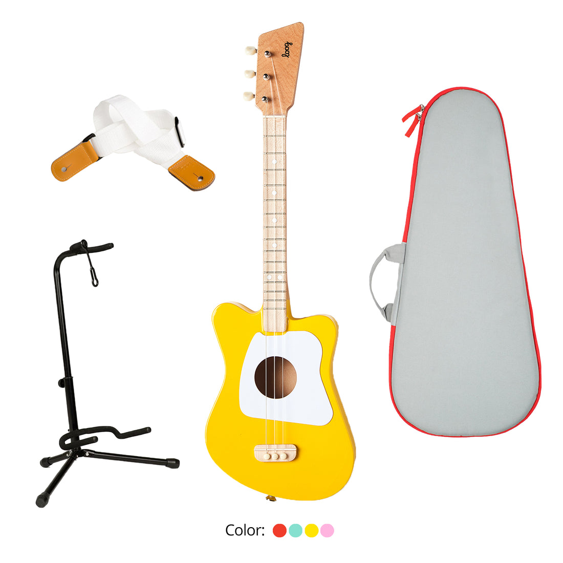 Loog Mini Guitar Bundle with Bag, Strap and Stand (Includes FREE App, Flashcards & Chord Diagram)