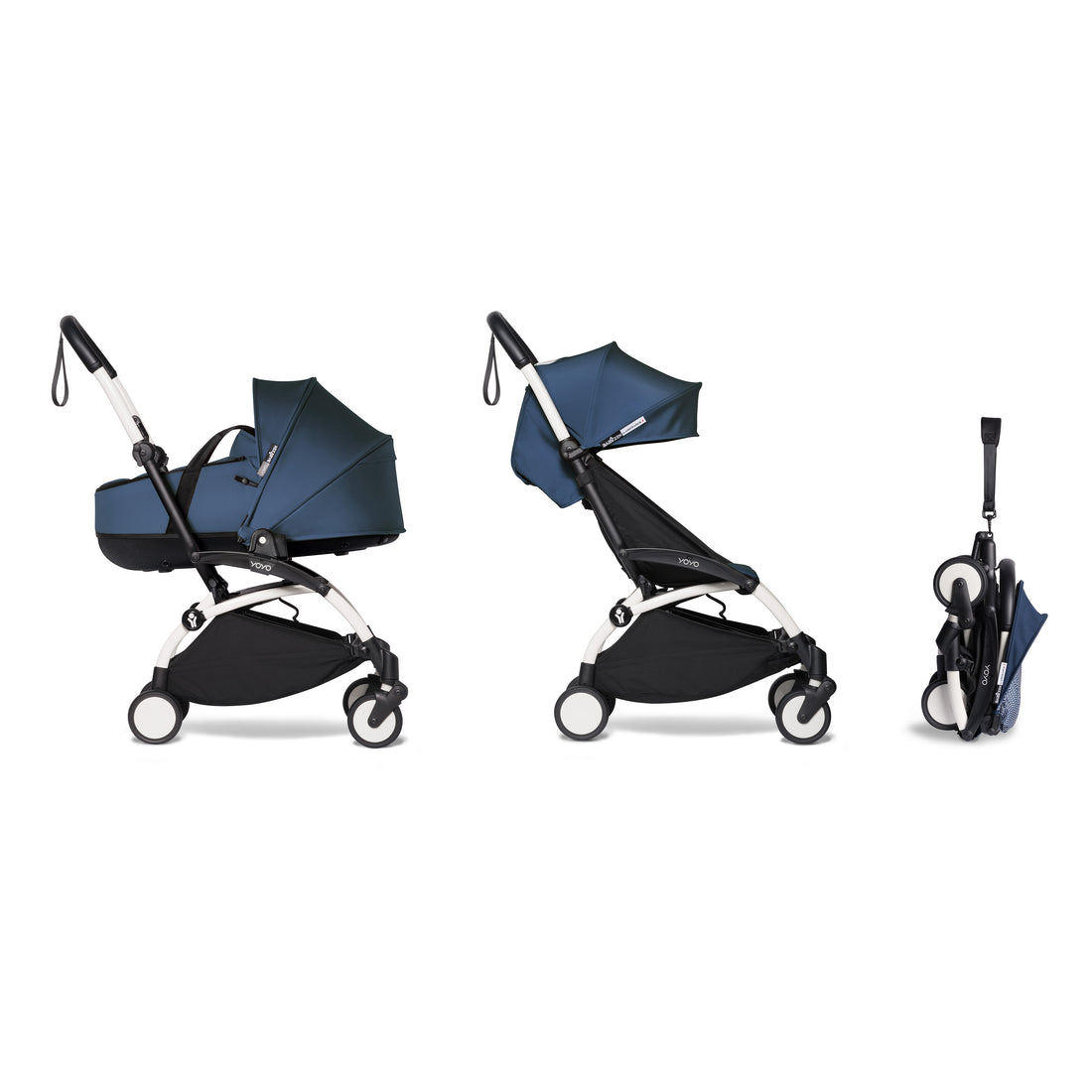 BABYZEN YOYO² Bassinet 6+ Baby Stroller Complete Set - White Frame with Navy Blue Bassinet & Air France Blue 6+ Color Pack