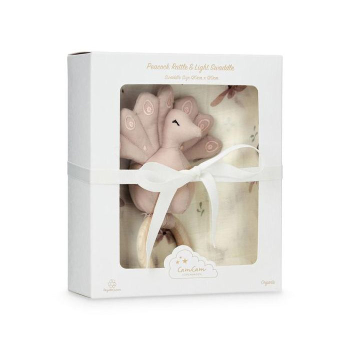 Cam Cam Copenhagen Gift Box w/ Printed Swaddle and Peacock Rattle - Windflower Cream