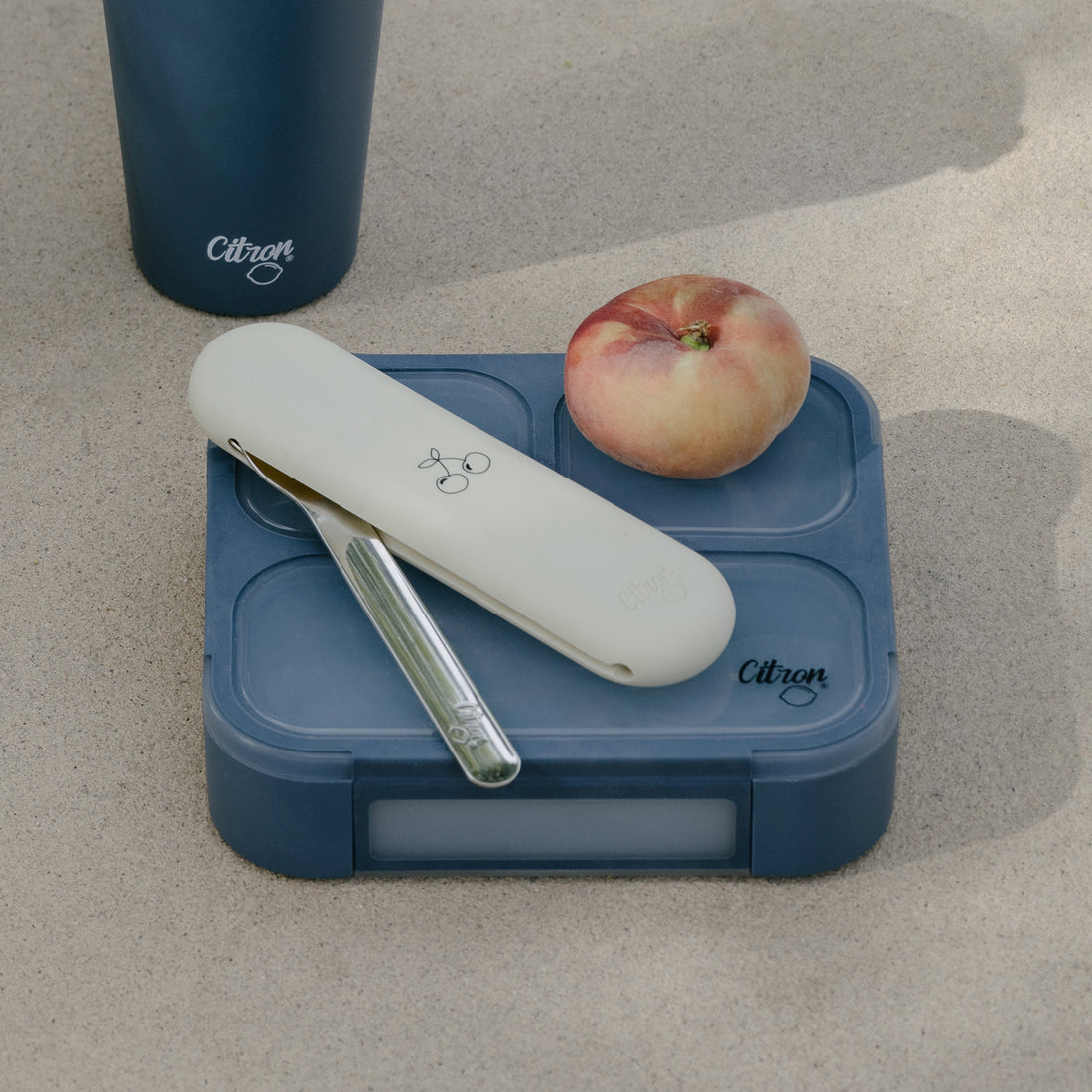 Citron Lunchbox with Fork and Spoon Dark Blue Petit Bazaar