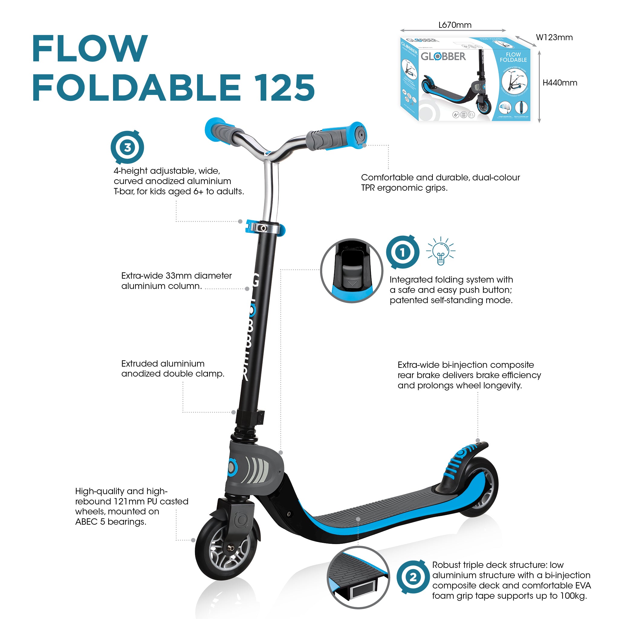 Globber Flow Foldable 125 Scooter - Black / Sky Blue (6Y+)