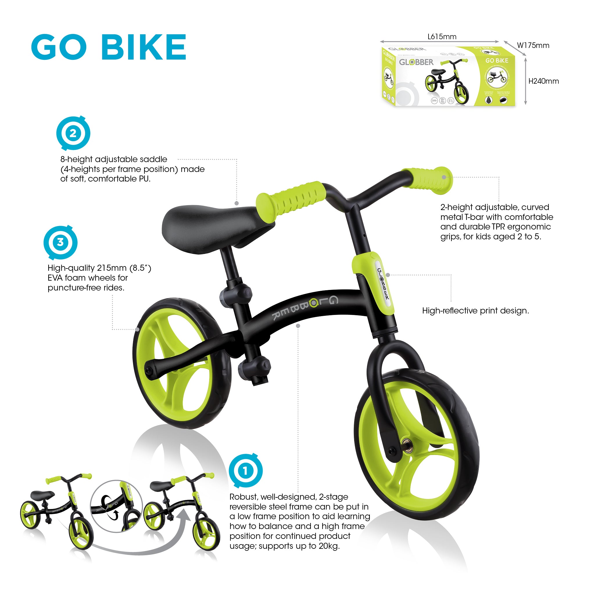 Globber Go Bike Balance Bike - Black / Lime Green (2 - 5Y) (Online Exclusive)