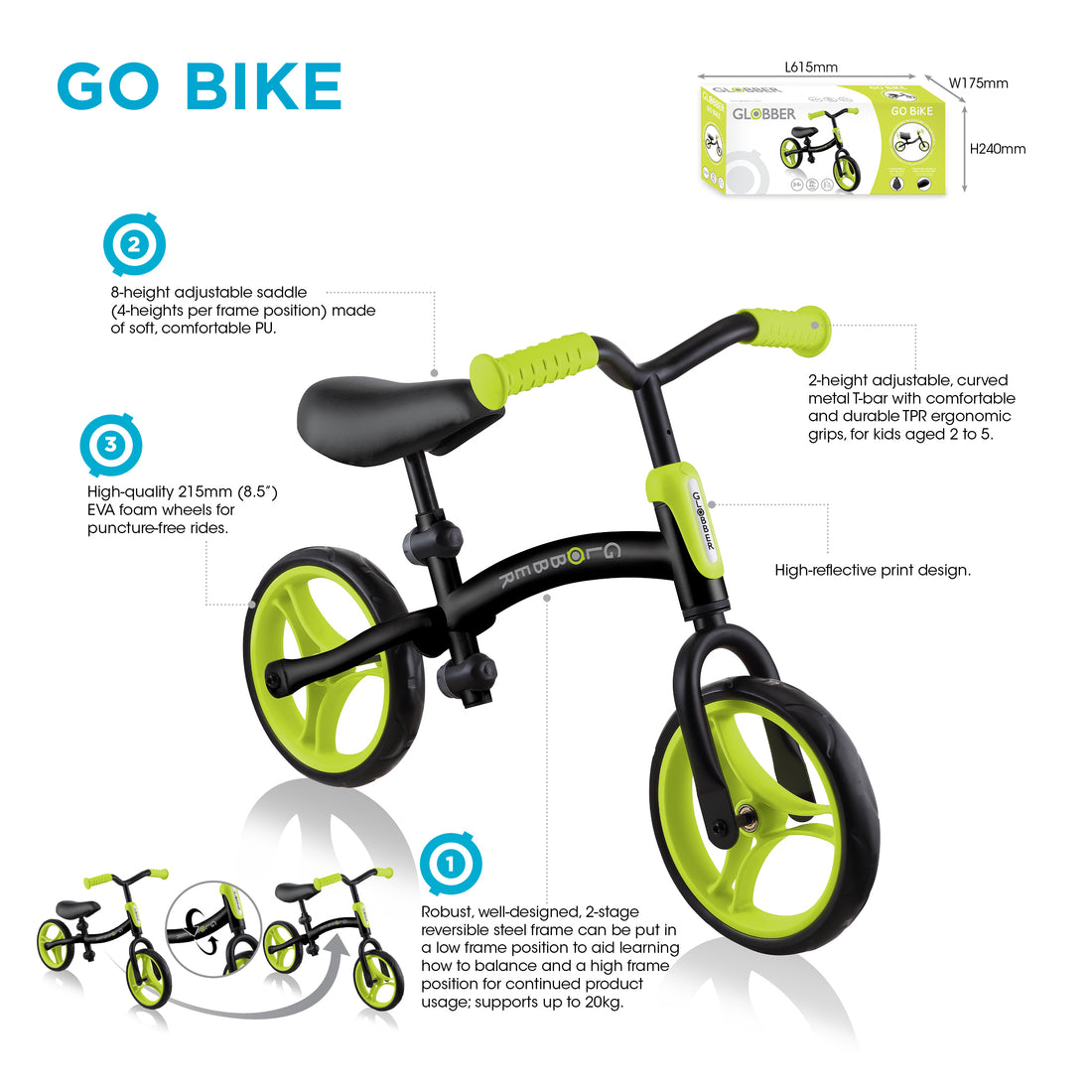 Globber Go Bike Balance Bike - Black / Lime Green (2 - 5Y) (Online Exclusive)