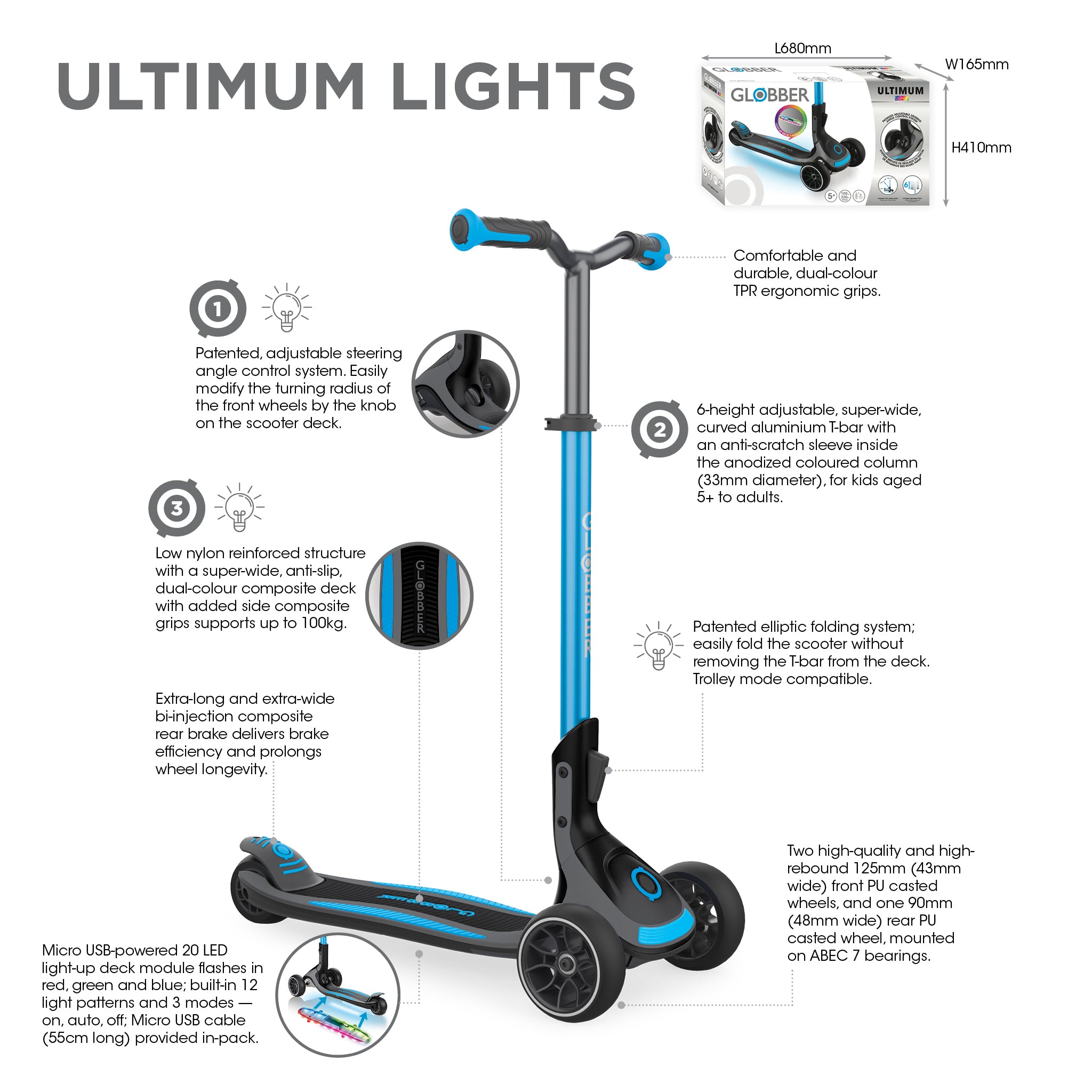 Globber Ultimum Lights Foldable Scooter - Black / Charcoal Grey (5Y+)