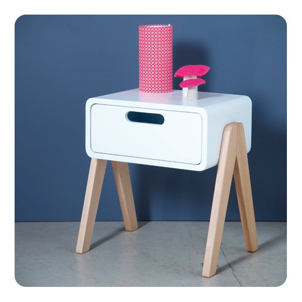 Laurette Chevet Petit Robot Bedside Table with Wooden Natural Feet - White (Pre-Order; Est. Delivery in 3-4 Months)