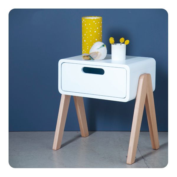 Laurette Chevet Petit Robot Bedside Table with Wooden Natural Feet - White (Pre-Order; Est. Delivery in 3-4 Months)