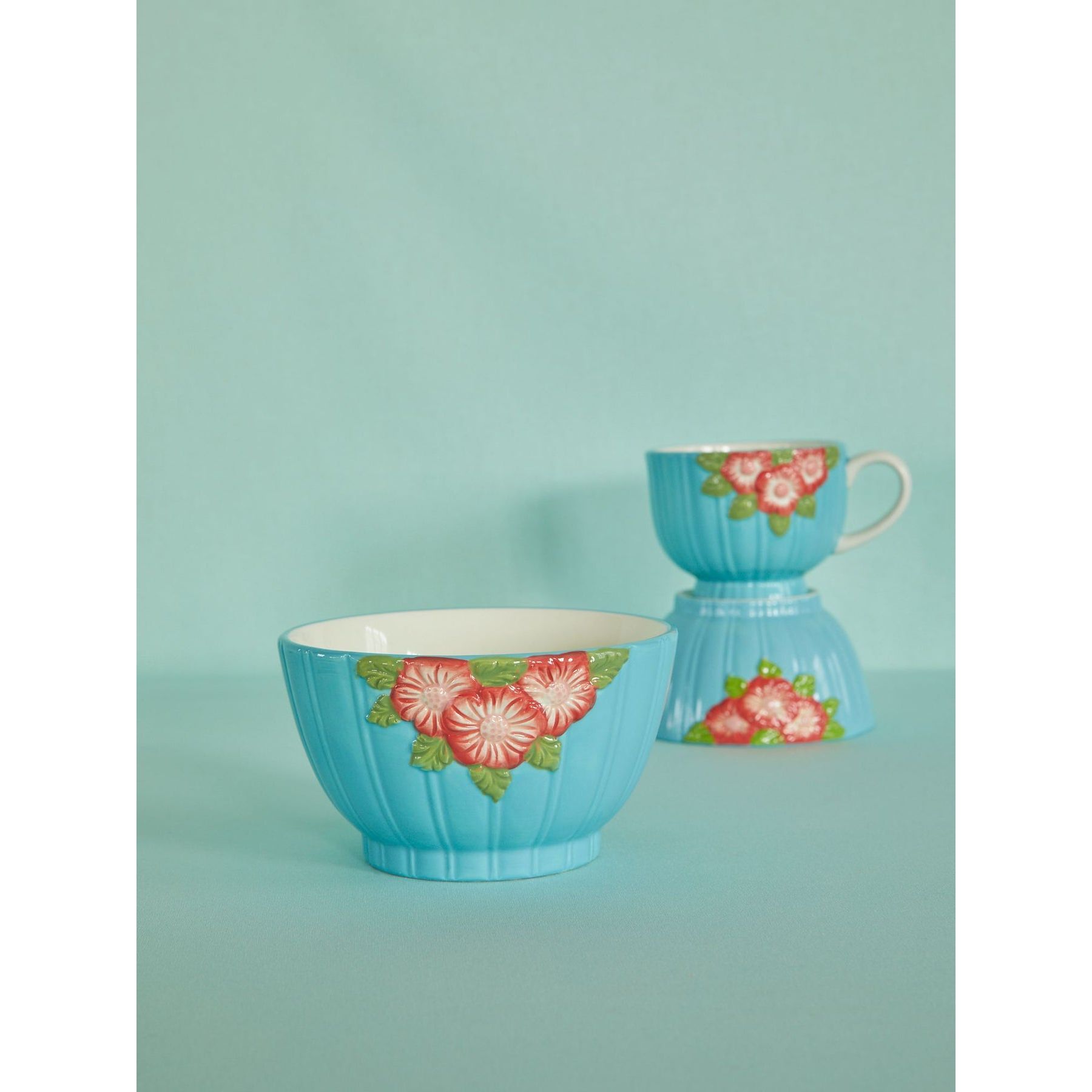 Rice DK Ceramic Mug with Embossed Flower Design - Mint