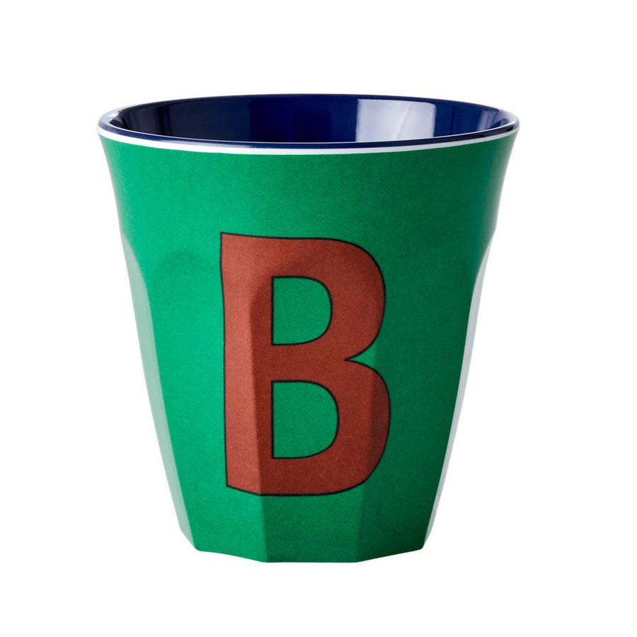 rice-dk-melamine-cup-with-the-letter-b-forest-green-two-tone-medium-rice-melcu-alpbb-01